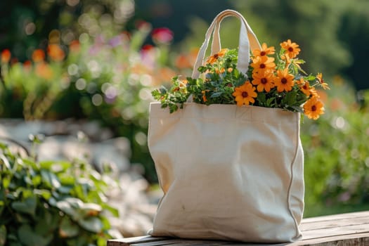 Cotton grocery tote bag with fresh vegetables, fruits, ai generated