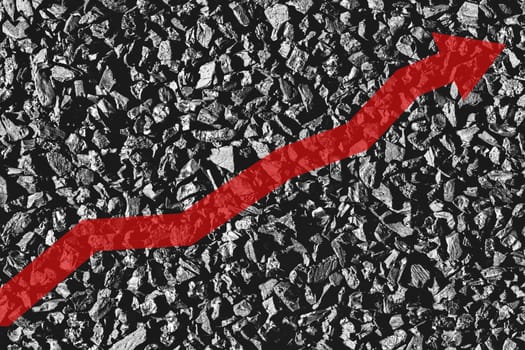 Arrow up on coal background. The concept of price growth, mining, import, export, production, sales or supply of coal.