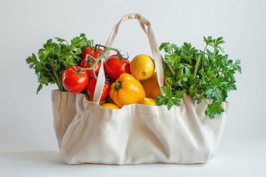 Cotton grocery tote bag with fresh vegetables, fruits, ai generated