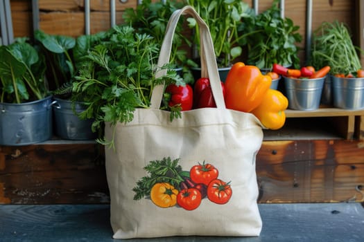 Cotton grocery tote bag with fresh vegetables, fruits, ai generated