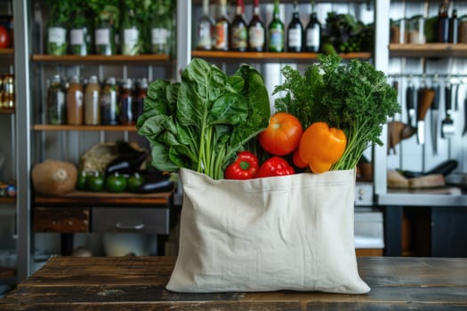 Cotton grocery tote bag with fresh vegetables, fruits, ai generated