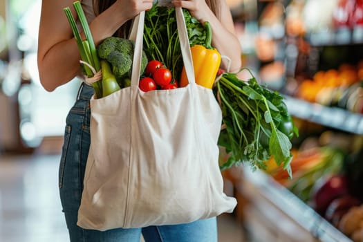 woman holding a tote bag filled with groceries, ai generated