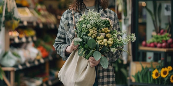 woman holding a tote bag filled with groceries, ai generated