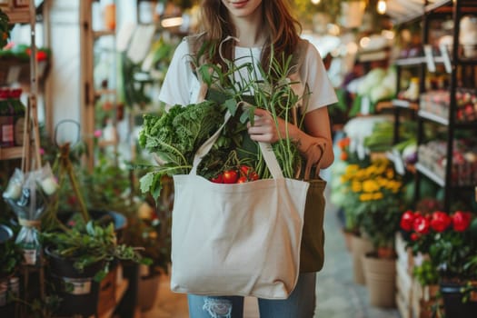 woman holding a tote bag filled with groceries, ai generated