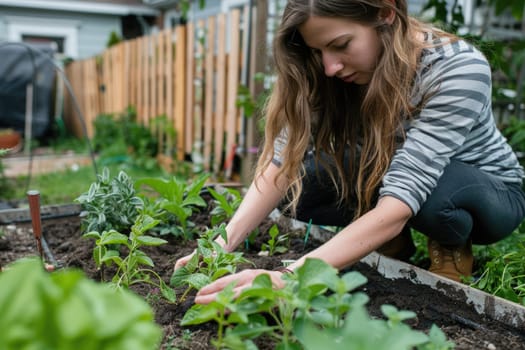 woman planting herbs or vegetables in a small backyard garden. ai generated