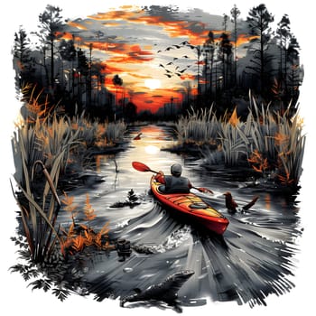 A person in a watercraft is rowing along a river while the sun sets, creating a beautiful painting of the body of water and surrounding plants