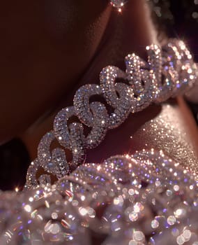 A close up of a woman wearing a diamond necklace as a body jewelry embellishment. The necklace contrasts beautifully with her electric blue dress and adds a touch of elegance to her look