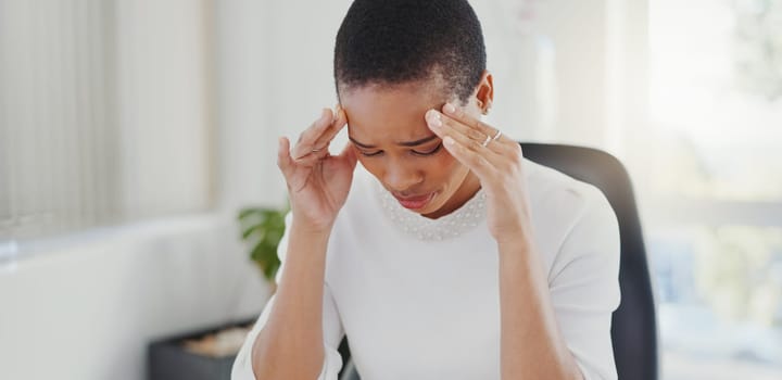 Headache, stress and business with black woman in office for anxiety, pain and pressure. Burnout, mental health and tired with female employee and migraine in agency for frustrated, sad and fatigue.