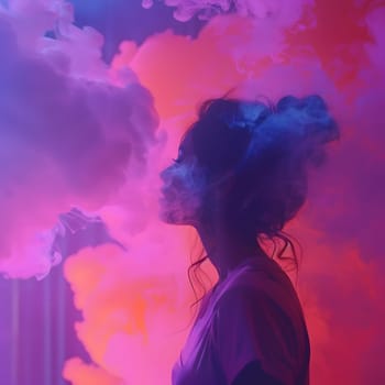An artist is standing in front of a vibrant background filled with clouds of purple and electric blue smoke, creating an entertaining and visually captivating scene at an art event