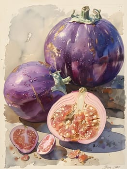 A watercolor painting showcasing purple tomatoes and a halved pomegranate on dishware. These ingredients are staples in natural foods and can be used in various recipes