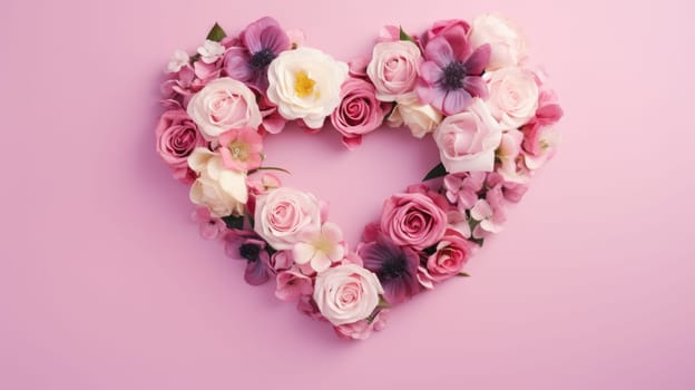 heart shape rose ranunculus buttercup frame pink background, ai