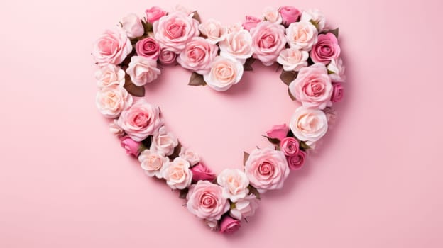 heart shape rose ranunculus buttercup frame pink background, ai