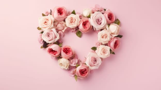 heart shape rose ranunculus buttercup frame pink background, ai