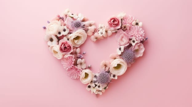 heart shape rose ranunculus buttercup frame pink background, ai