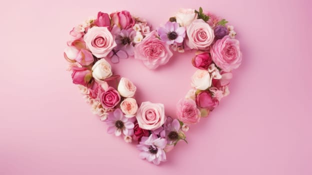 heart shape rose ranunculus buttercup frame pink background, ai