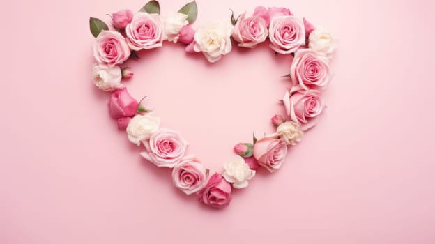 heart shape rose ranunculus buttercup frame pink background, ai