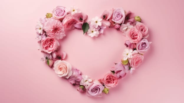 heart shape rose ranunculus buttercup frame pink background, ai