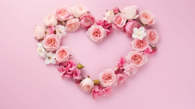 heart shape rose ranunculus buttercup frame pink background, ai