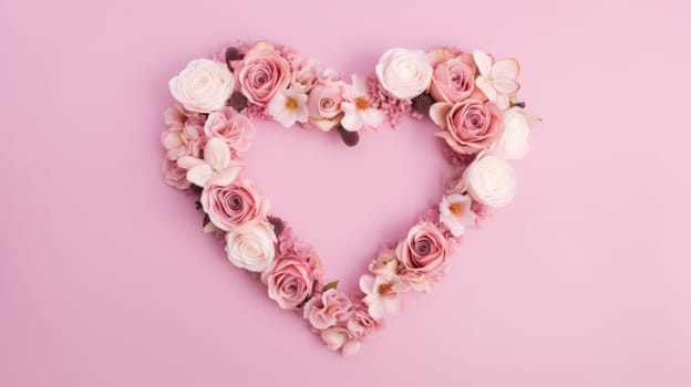 heart shape rose ranunculus buttercup frame pink background, ai