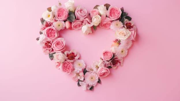 heart shape rose ranunculus buttercup frame pink background, ai