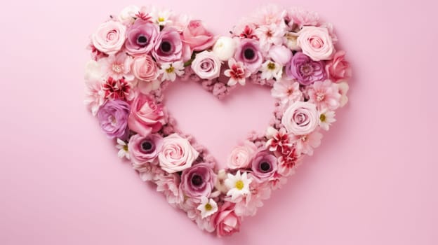 heart shape rose ranunculus buttercup frame pink background, ai