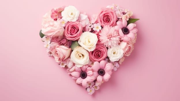 heart shape rose ranunculus buttercup frame pink background, ai