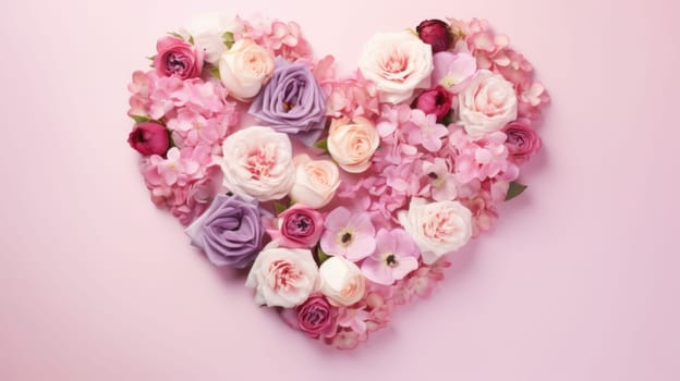 heart shape rose ranunculus buttercup frame pink background, ai