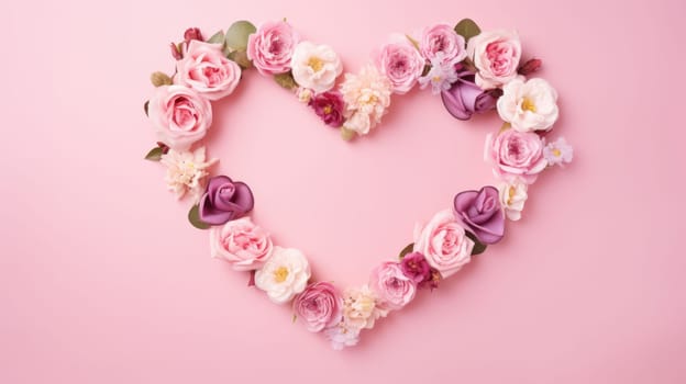 heart shape rose ranunculus buttercup frame pink background, ai