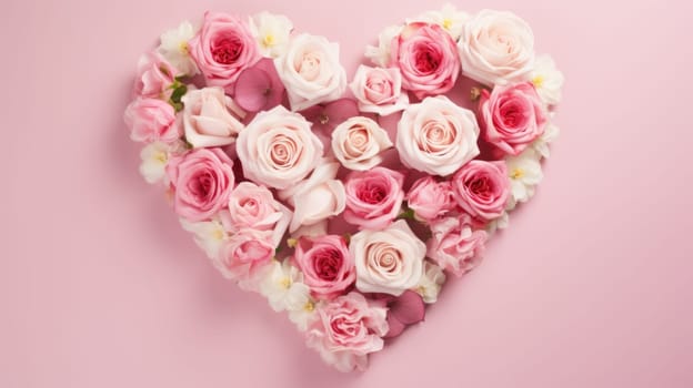 heart shape rose ranunculus buttercup frame pink background, ai