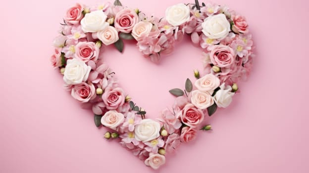 heart shape rose ranunculus buttercup frame pink background, ai