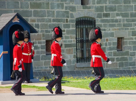 QUEBEC, CANADA - AUGUST 20, 2014: The members of the Canadian Royal 22nd Regiment marches at the Citadel in Old Quebec City