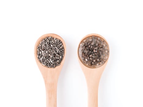 Dry chia seeds and wet chia seeds or chia-egg in wooden spoons, isolated on white with clipping path. Egg replacers, plant based eggs, vegans replace eggs concept