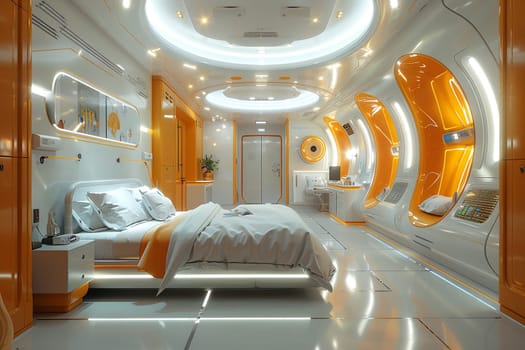 Luxury futuristic hospital room featuring advanced medical technology sleek interior design. Comfortable, clean spaces signal high-quality healthcare.