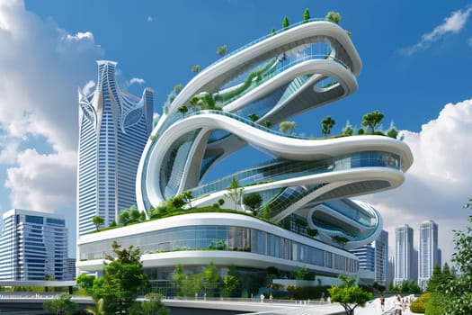 Futuristic hospital architecture integrates modern design with sustainability. Features urban landscaping green roofs to promote eco-friendliness health.