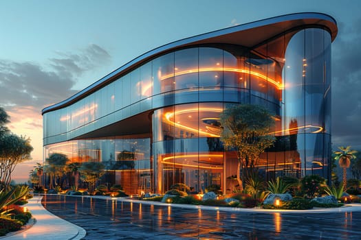 Spectacular view of futuristic hospital exterior capturing nightfall, with innovative architectural design for cutting-edge healthcare services. This modern medical building showcases professional health care in an urban setting under vibrant lighting.