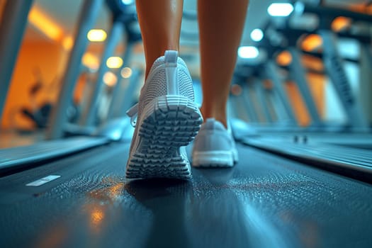 Close-up of feet walking on treadmill captures beginning of fitness journey, showcasing health, activity, determination.