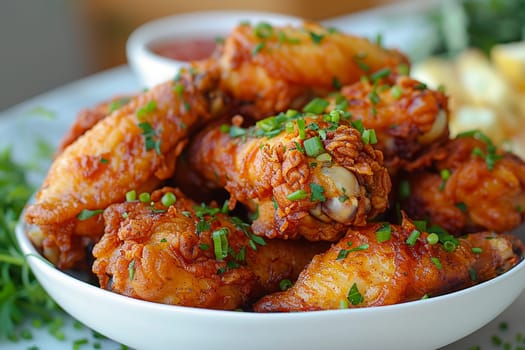 Close-up of appetizing fried chicken wings garnished with fresh green onions, perfect for dining concepts