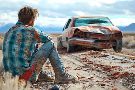 Male survivor sits contemplating road accident wreckage. Scene contrasted vibrant sky, rust-laden car wreckage, distressed jeans and boots.