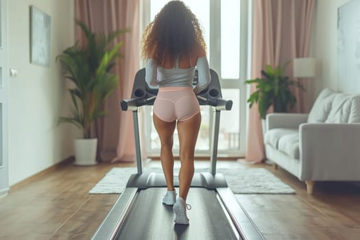 Joyful plus-size woman maintains fitness walking treadmill, bright living room settings. Active lifestyle choices promote health, wellness