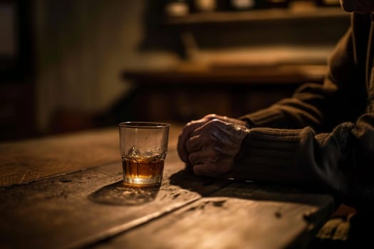 Moody scene showing elderly man resting hands by whiskey glass on weathered wooden table, illustrating themes of solitude, contemplation, aging.
