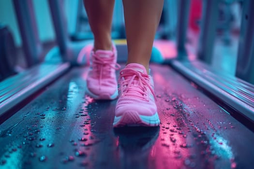 Close-up view of pink sneakers on treadmill captures effort, wellness journey of plus size woman during workout at fitness center.