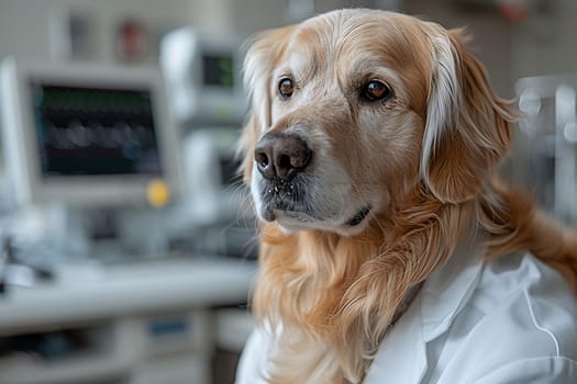 Humorous image showcasing a golden retriever dressed as a doctor posed against medical office setting, highlighting themes of pet care and healthcare.