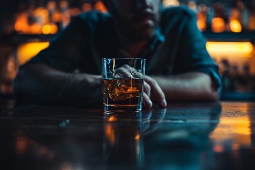 Solitary man sits at bar, gripping a glass of whiskey in a moody, dimly lit setting conveying introspection and solitude