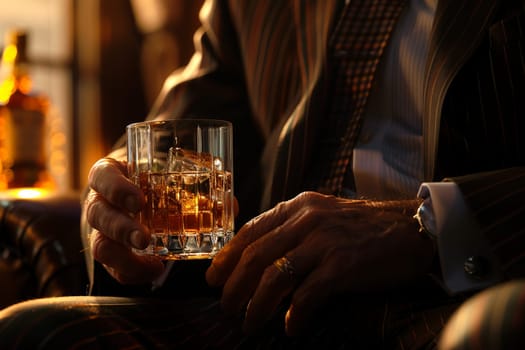 Close-up of elegant man savoring whiskey, showcasing his luxury watch and sophisticated style. Emphasis on leisure, luxury, and refined taste.