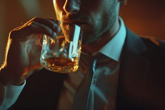 Close-up image captures sophisticated man enjoying whiskey suit dressed. Intimate evening lighting enhances ambiance, embodying relaxation sophistication.