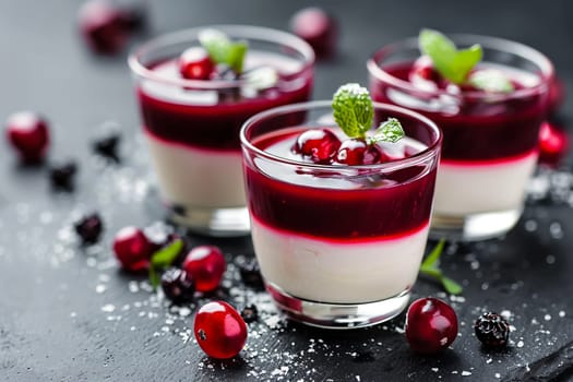 Sleek presentation of panna cotta with vibrant berry coulis, adorned with cranberries, blackberries, and a mint leaf. Perfect for gourmet desserts and fine dining visuals.