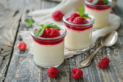 Panna cotta dessert beautifully presented three glass cups, enhanced with vibrant raspberry topping and fresh mint leaves. Ideal image for recipes or culinary websites.