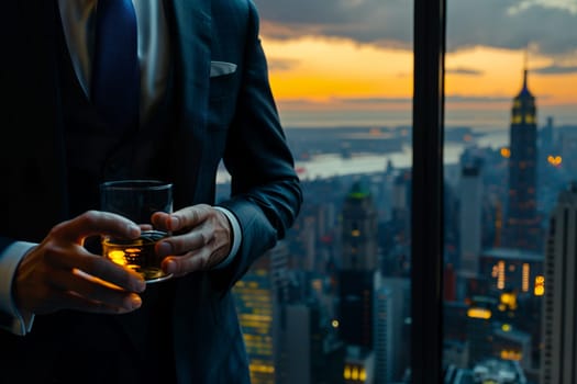 Closeup of an elegant businessman holding whiskey glass against panoramic city skyline during sunset. Concept of luxury, success, and modern corporate lifestyle from a high-rise perspective.