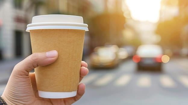 Hand holds blank paper coffee cup in busy urban setting during morning rush, focus on takeaway beverage, blur of city in background