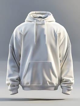 A grey hoodie with a hood is suspended midair, resembling a human body. The jersey sleeve and collar give it a sportswear look, contrasting with the leather jacket and bag nearby